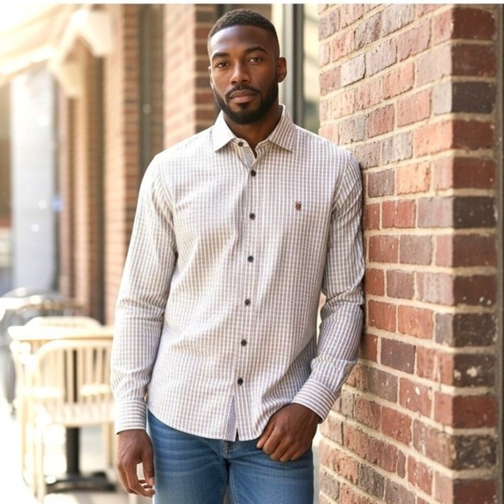 Bugatchi Shaped Fit Mens Long Sleeve Brown Blue Striped Dress Shirt